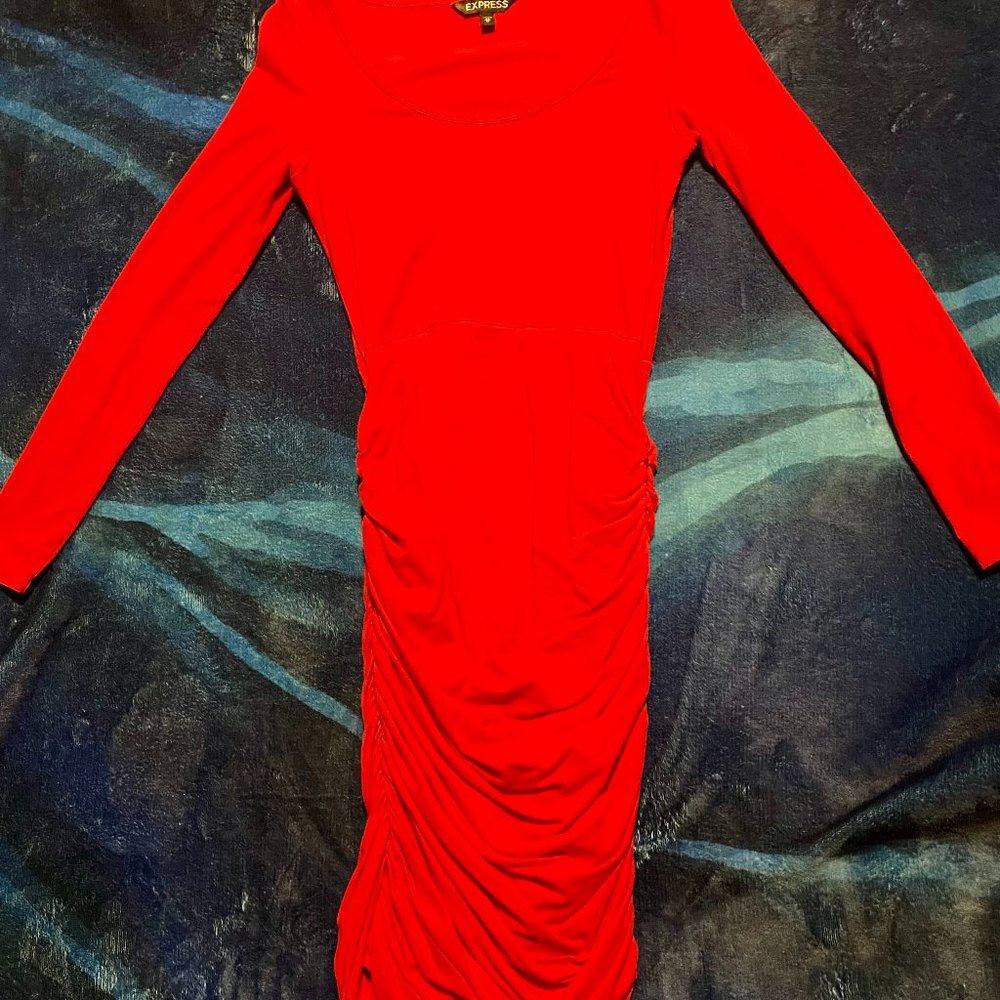 Cherry Red Express Party Dress XS (Long Sleeve, Bodycon/Ruched)
